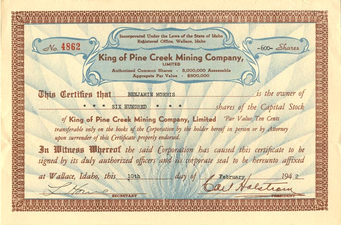 King of Pine Creek Mining Co., Limited - Stock Certificate